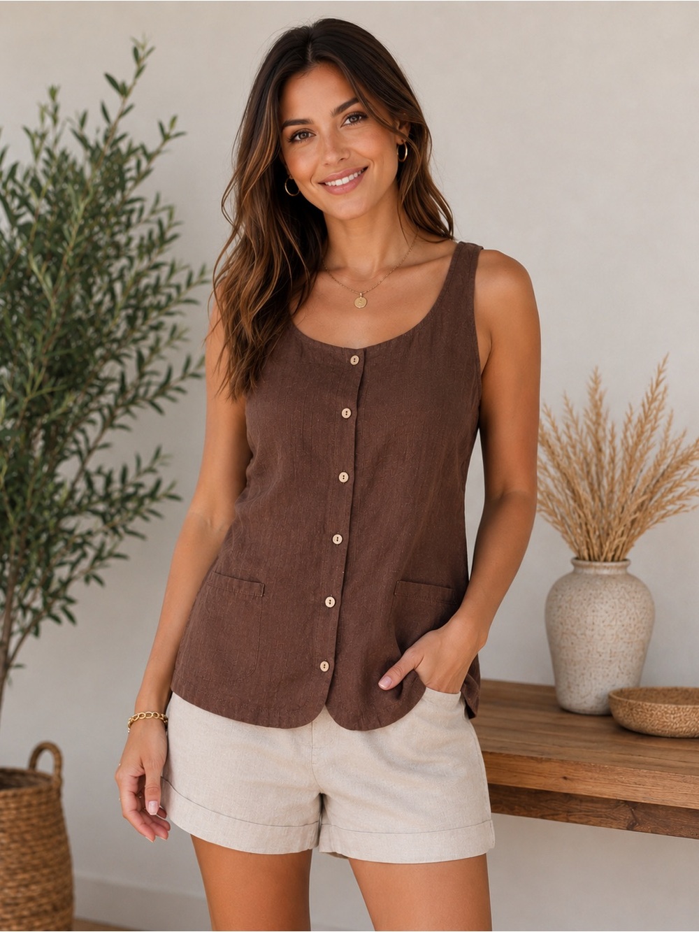 Brown Button-Front Linen-Blend Sleeveless Top